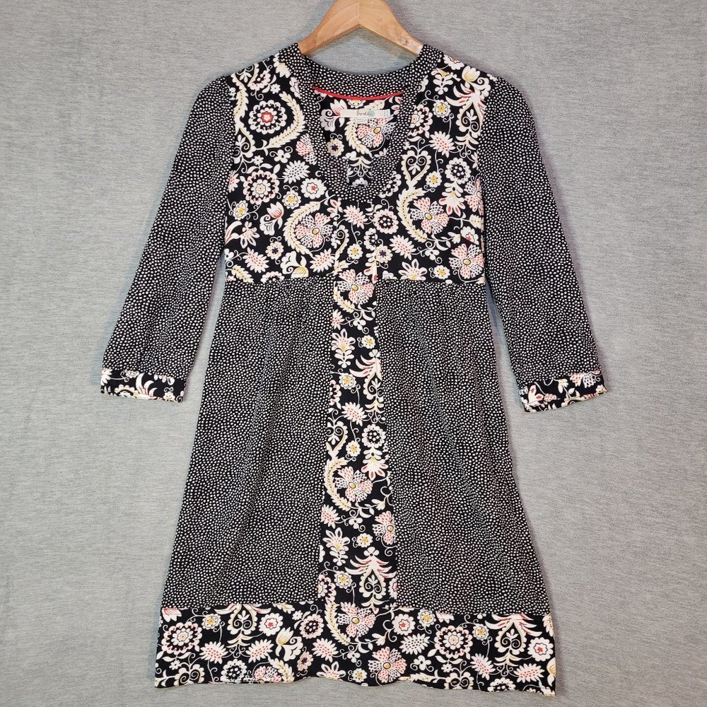 Boden Tunic Dress Womens 2 R 3/4 Sleeve Black Floral Polka Dot